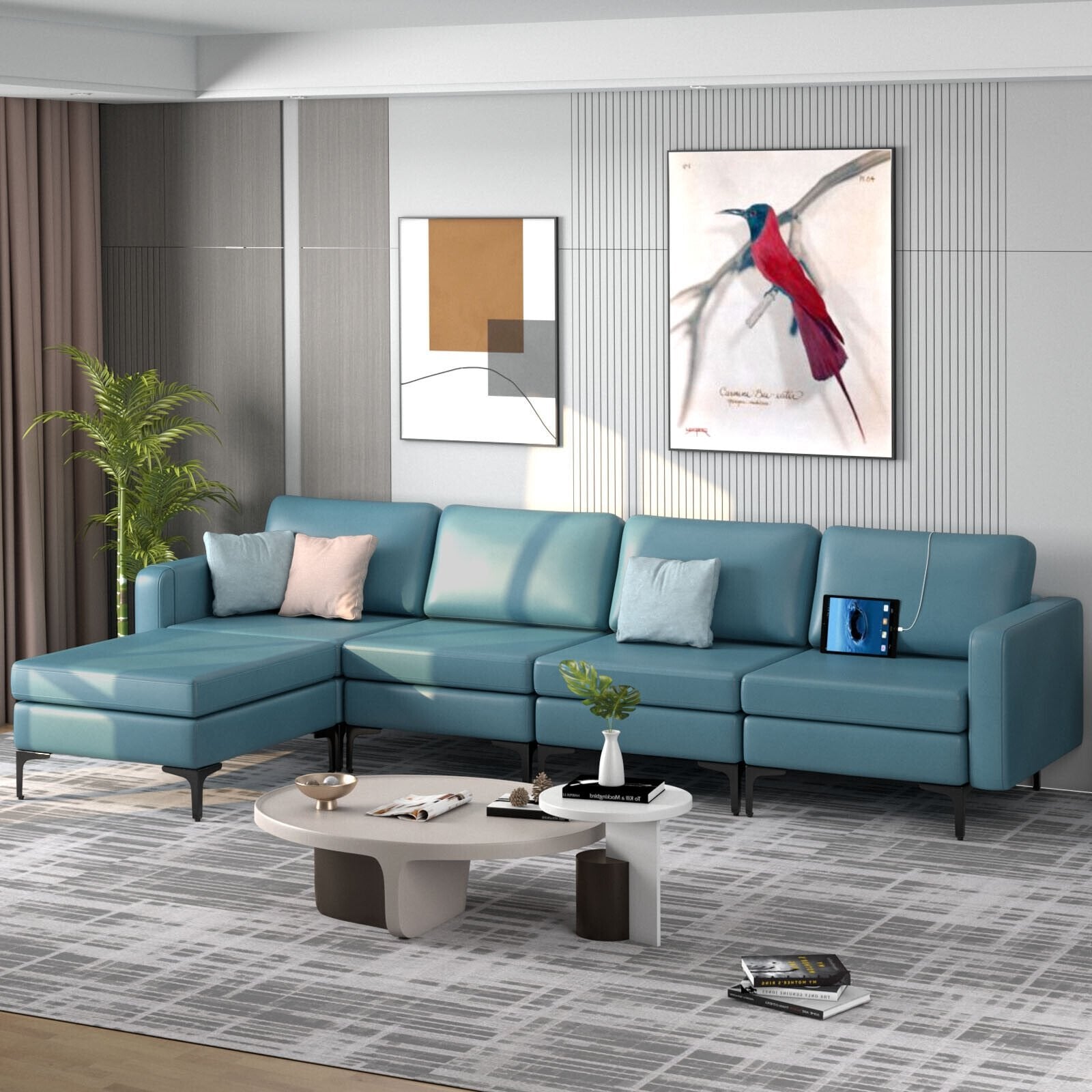 Modular L-shaped Sectional Sofa with Reversible Ottoman and 2 USB Ports, Blue Sofas & Loveseats   at Gallery Canada