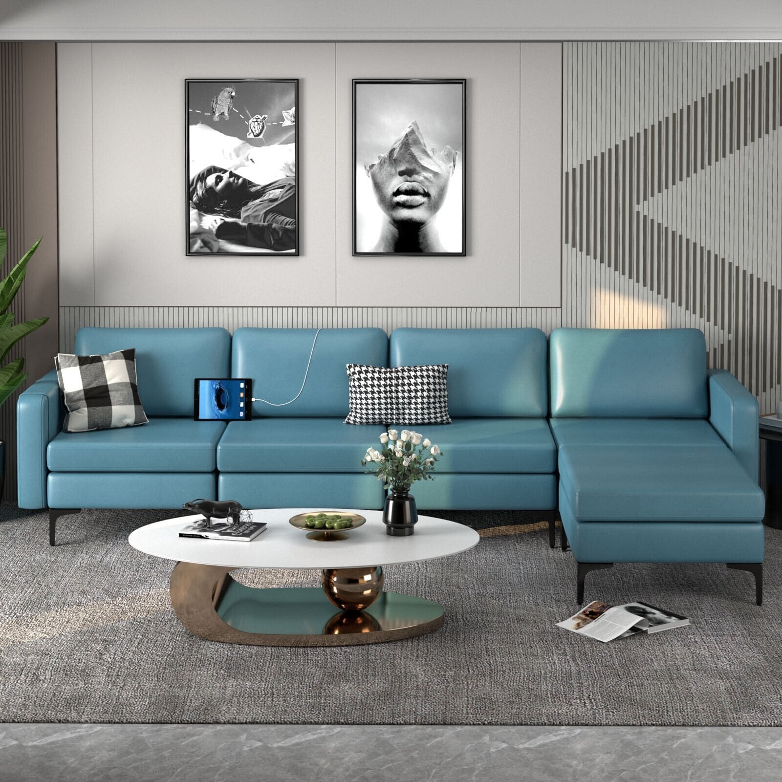 Modular L-shaped Sectional Sofa with Reversible Ottoman and 2 USB Ports, Blue Sofas & Loveseats   at Gallery Canada