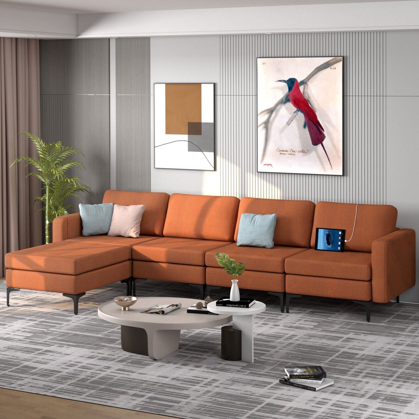 Modular L-shaped Sectional Sofa with Reversible Ottoman and 2 USB Ports, Orange Sofas & Loveseats   at Gallery Canada