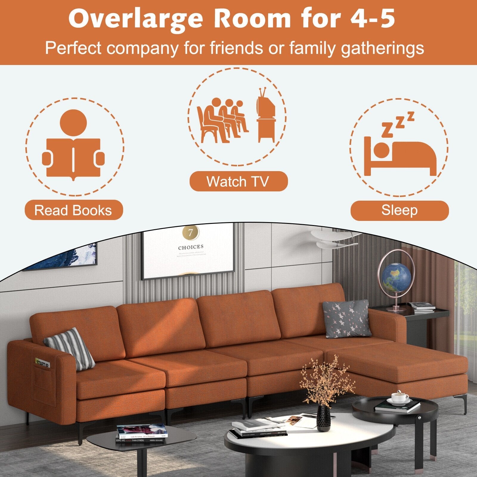 Modular L-shaped Sectional Sofa with Reversible Ottoman and 2 USB Ports, Orange Sofas & Loveseats   at Gallery Canada