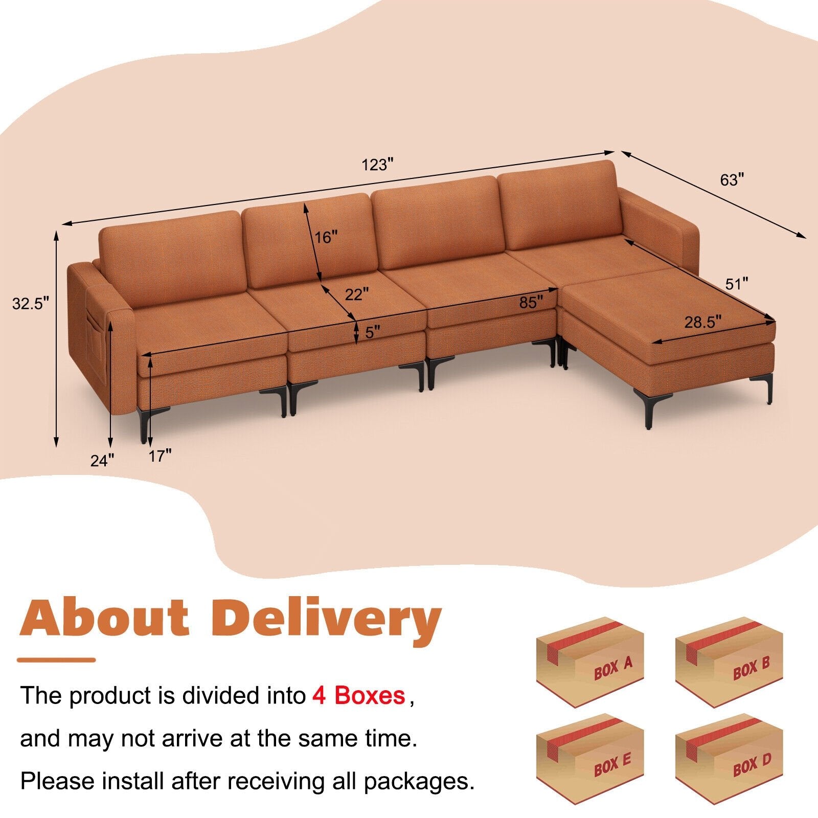 Modular L-shaped Sectional Sofa with Reversible Ottoman and 2 USB Ports, Orange Sofas & Loveseats   at Gallery Canada