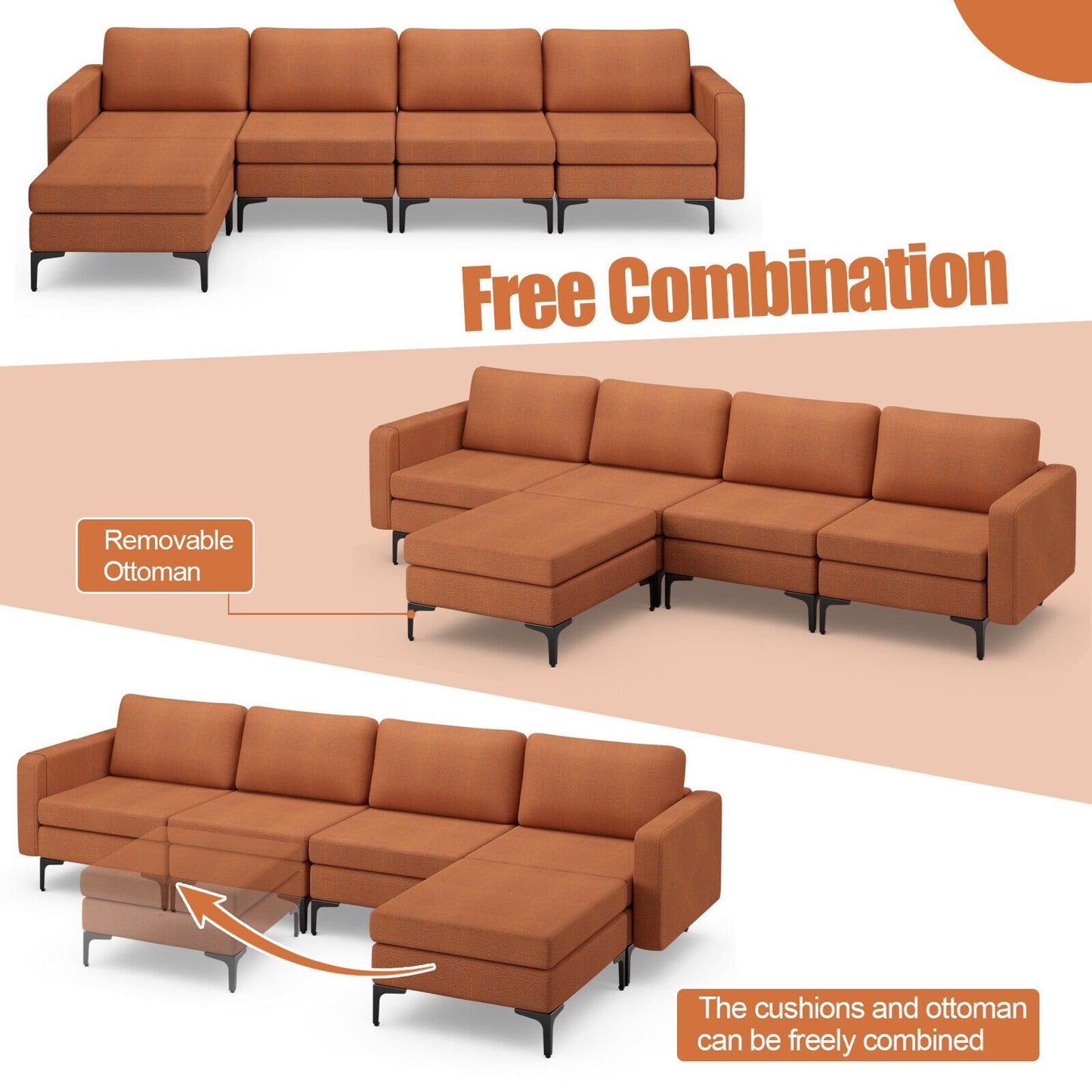 Modular L-shaped Sectional Sofa with Reversible Ottoman and 2 USB Ports, Orange Sofas & Loveseats   at Gallery Canada