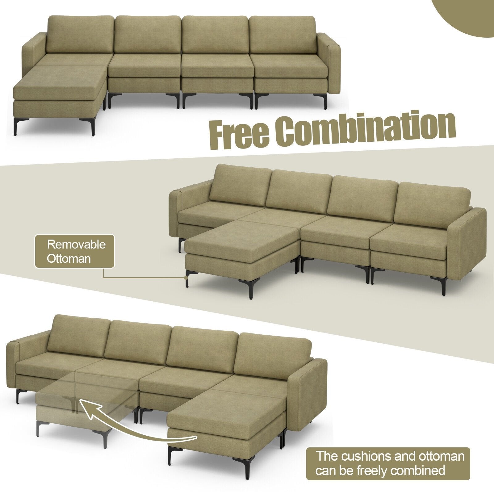 Modular L-shaped Sectional Sofa with Reversible Ottoman and 2 USB Ports, Green Sofas & Loveseats   at Gallery Canada