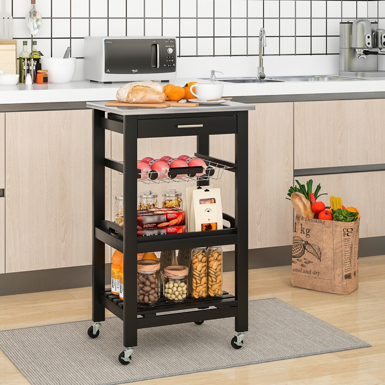 Kitchen Island Cart with Stainless Steel Tabletop and Basket, Black Kitchen Islands & Carts   at Gallery Canada