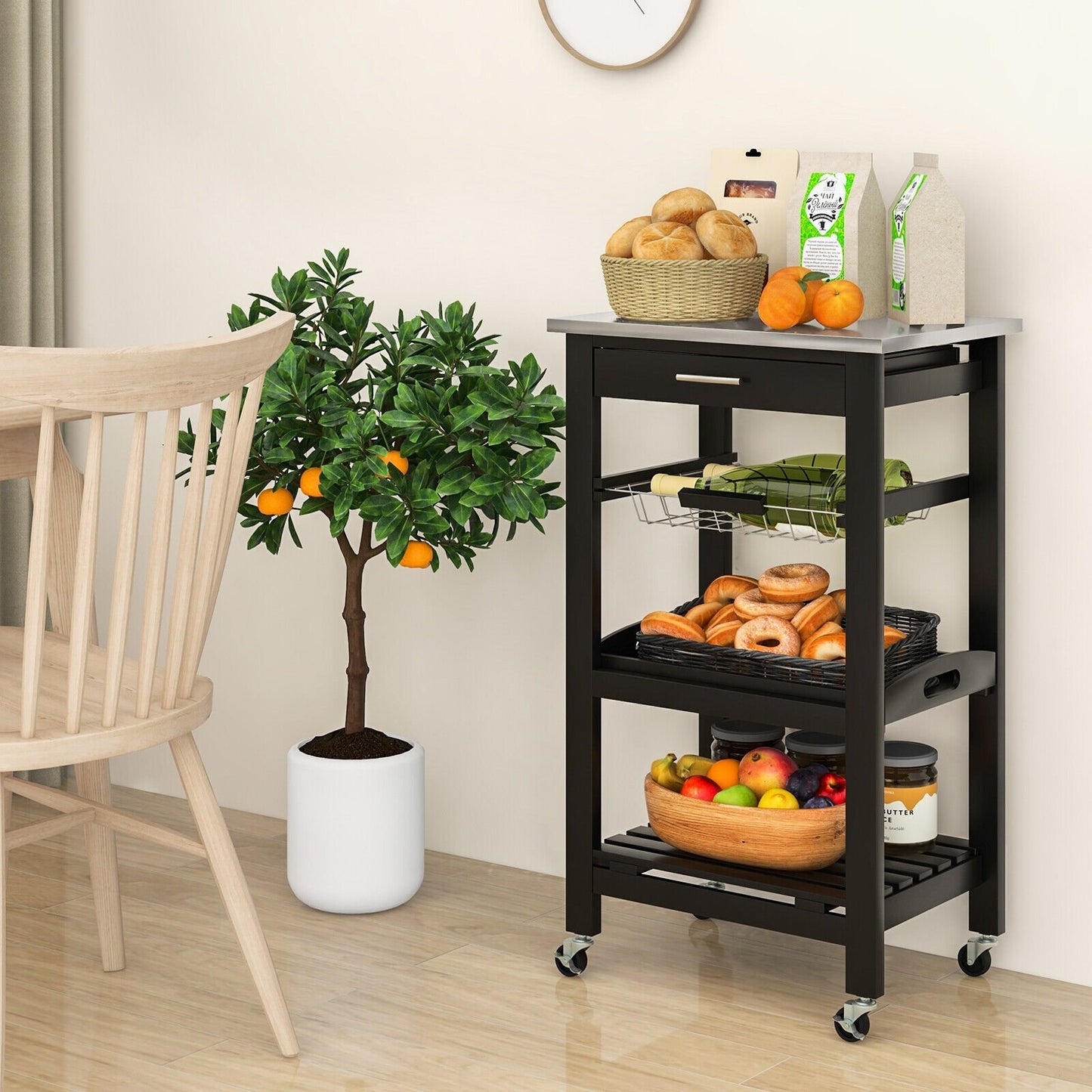 Kitchen Island Cart with Stainless Steel Tabletop and Basket, Black Kitchen Islands & Carts   at Gallery Canada