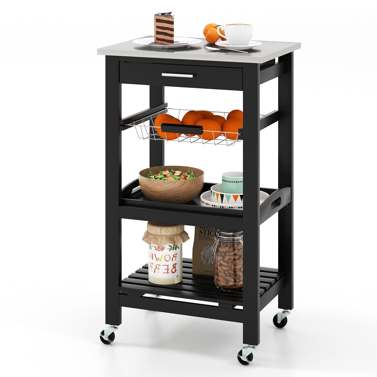 Kitchen Island Cart with Stainless Steel Tabletop and Basket, Black Kitchen Islands & Carts   at Gallery Canada