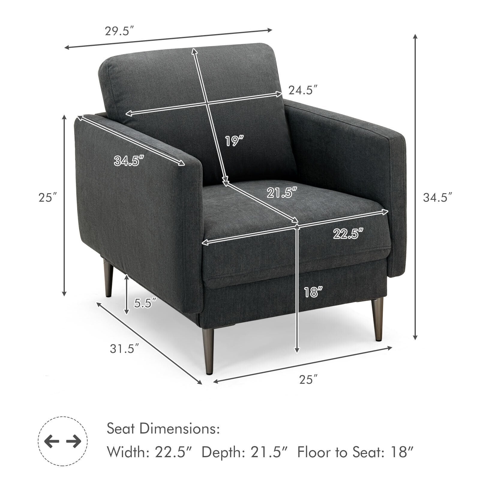 Modern Upholstered Accent Chair with Removable Backrest Cushion, Gray Sofas & Loveseats   at Gallery Canada