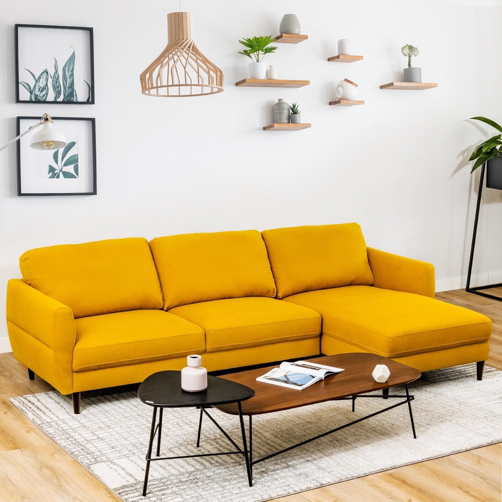 L-Shaped Fabric Sectional Sofa with Chaise Lounge and Solid Wood Legs, Yellow Sofas & Loveseats   at Gallery Canada