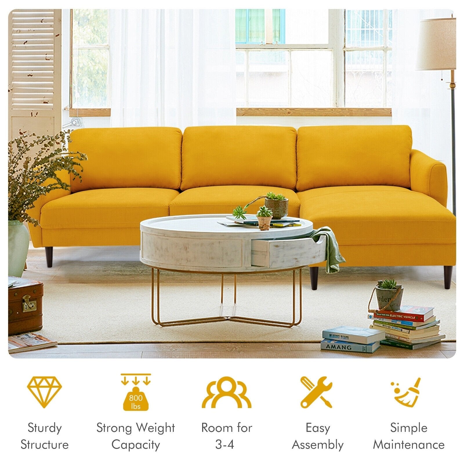 L-Shaped Fabric Sectional Sofa with Chaise Lounge and Solid Wood Legs, Yellow Sofas & Loveseats   at Gallery Canada