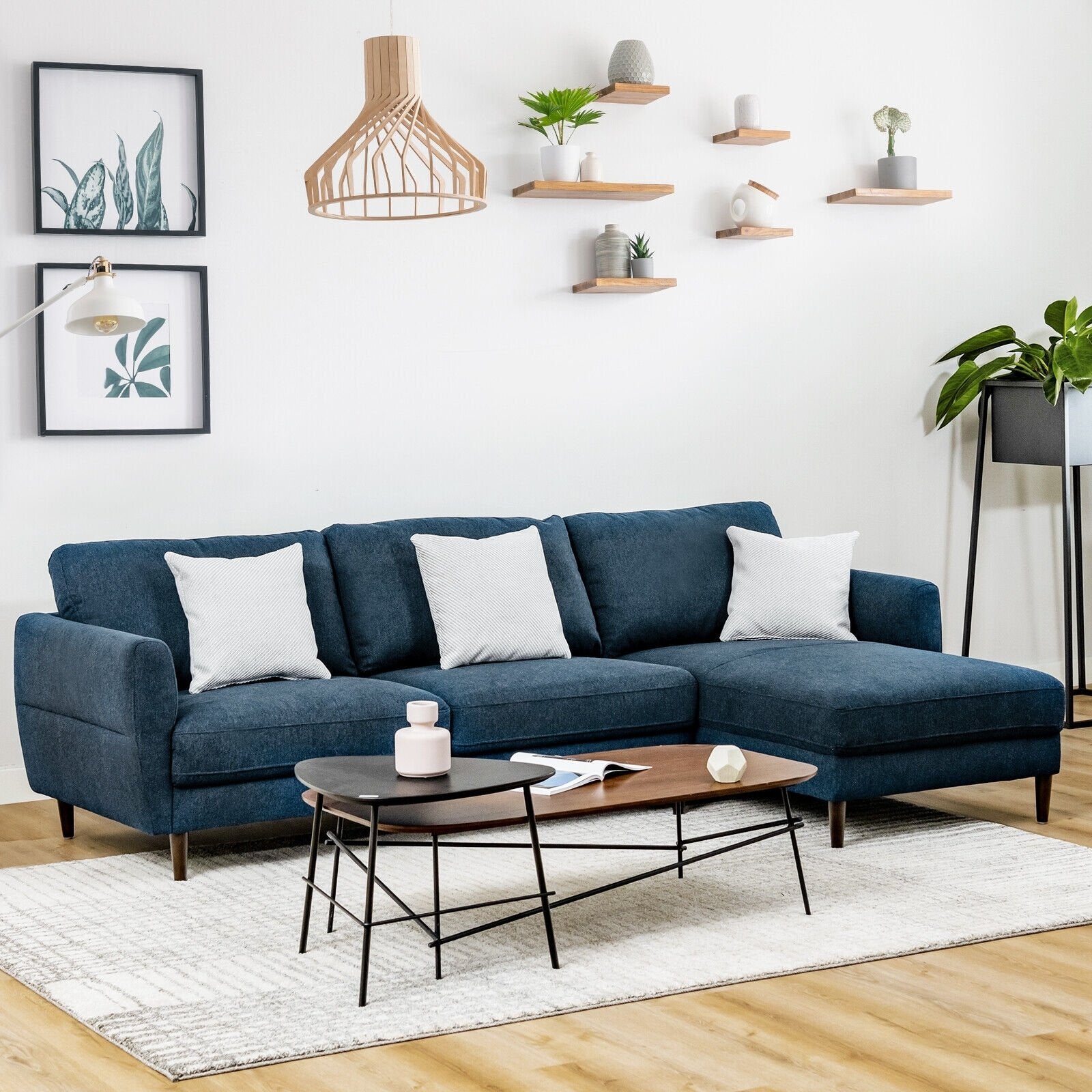 L-Shaped Fabric Sectional Sofa with Chaise Lounge and Solid Wood Legs, Navy Sofas & Loveseats   at Gallery Canada