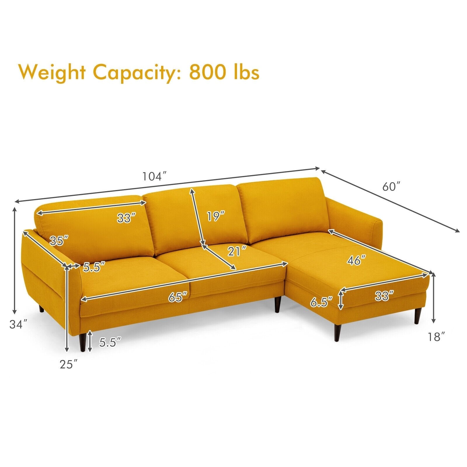 L-Shaped Fabric Sectional Sofa with Chaise Lounge and Solid Wood Legs, Yellow Sofas & Loveseats   at Gallery Canada