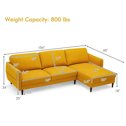 L-Shaped Fabric Sectional Sofa with Chaise Lounge and Solid Wood Legs, Yellow Sofas & Loveseats   at Gallery Canada