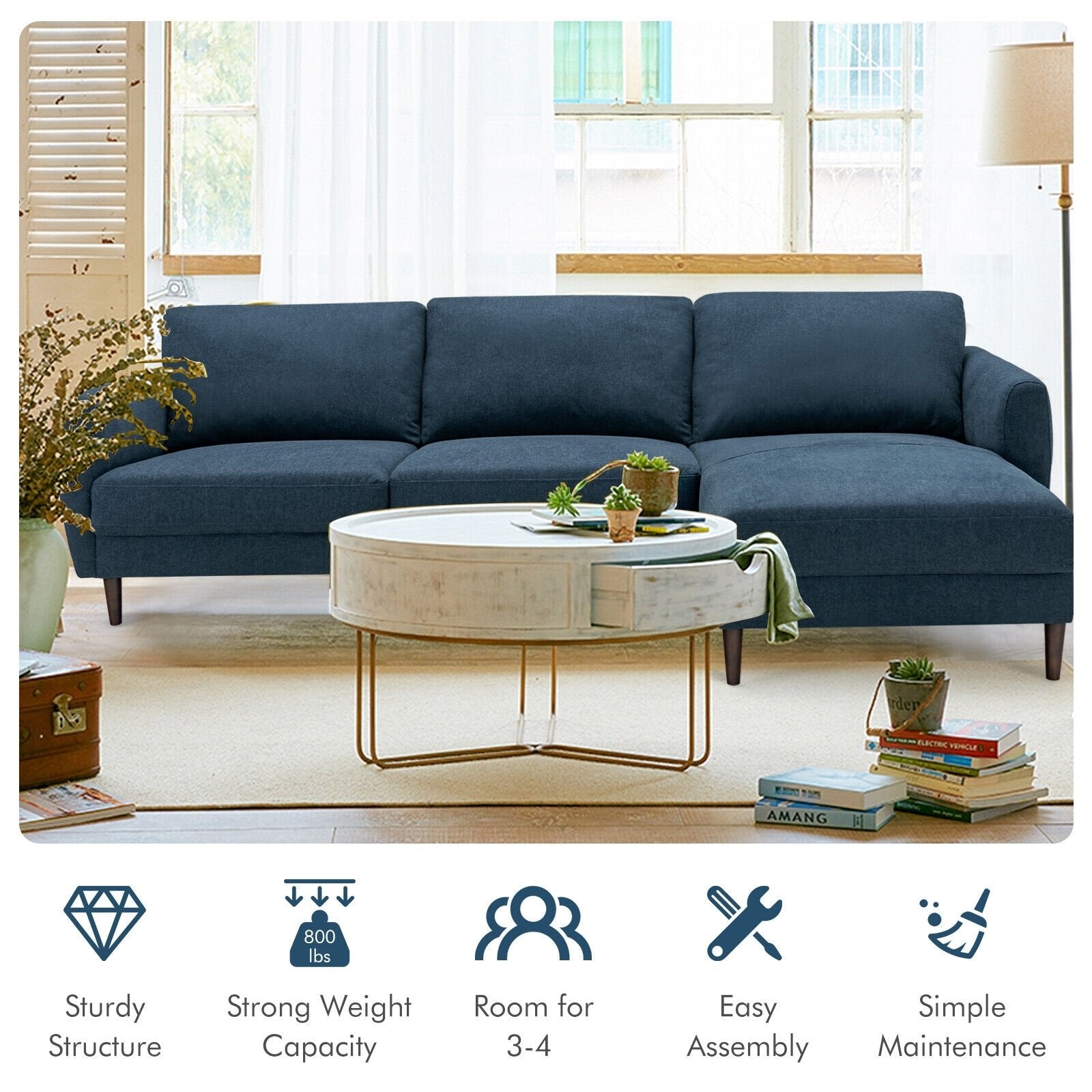 L-Shaped Fabric Sectional Sofa with Chaise Lounge and Solid Wood Legs, Navy Sofas & Loveseats   at Gallery Canada