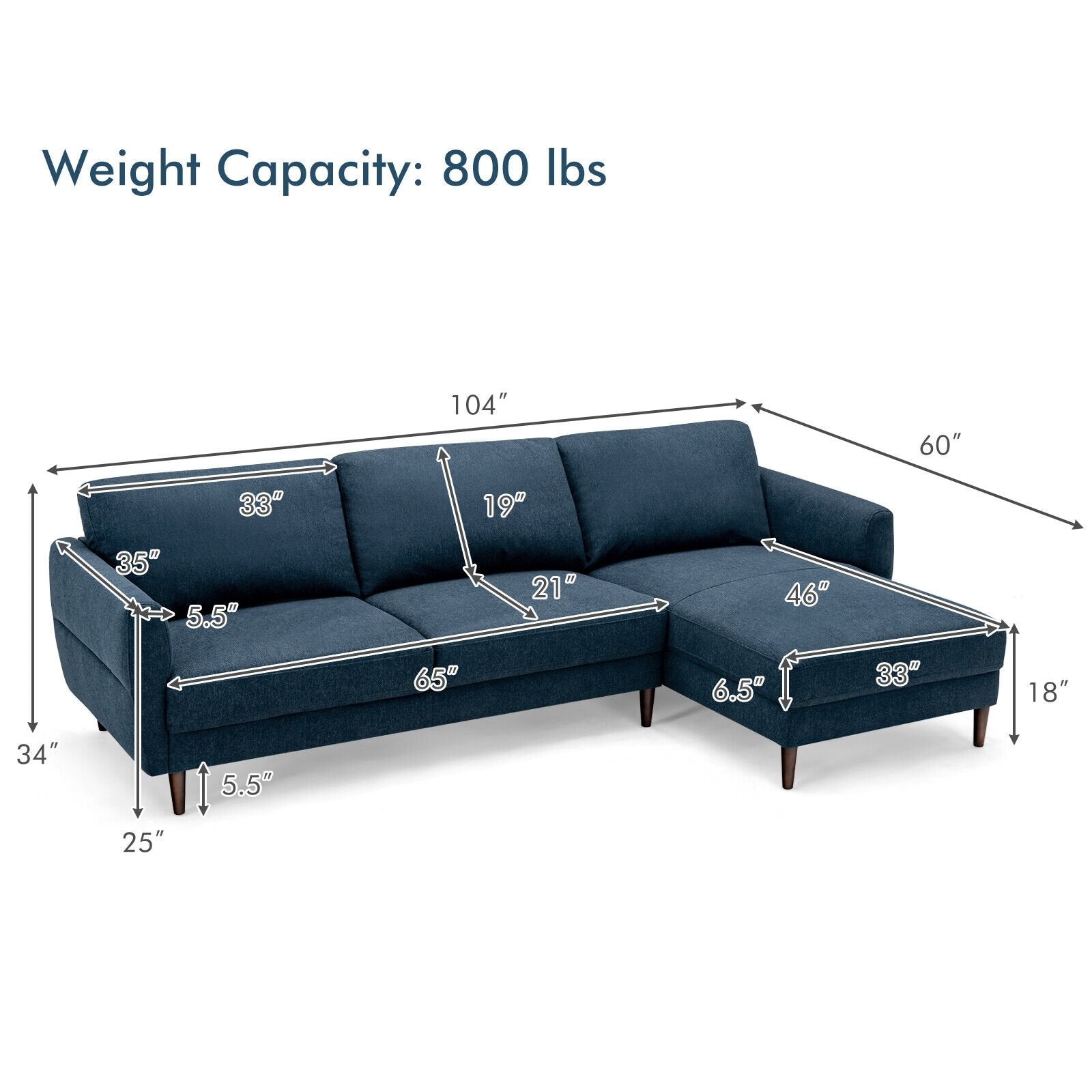 L-Shaped Fabric Sectional Sofa with Chaise Lounge and Solid Wood Legs, Navy Sofas & Loveseats   at Gallery Canada