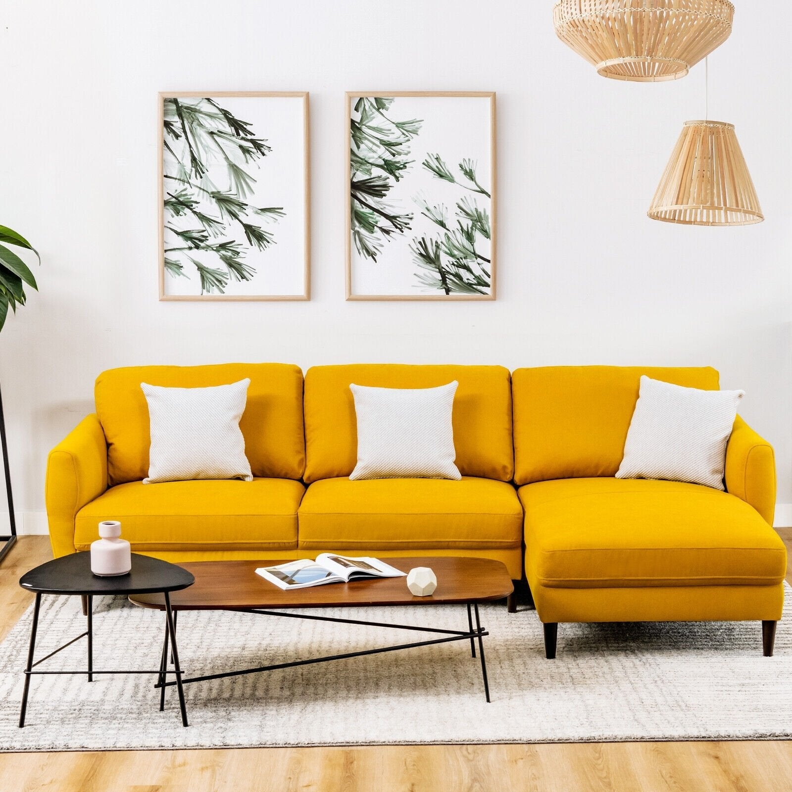 L-Shaped Fabric Sectional Sofa with Chaise Lounge and Solid Wood Legs, Yellow Sofas & Loveseats   at Gallery Canada