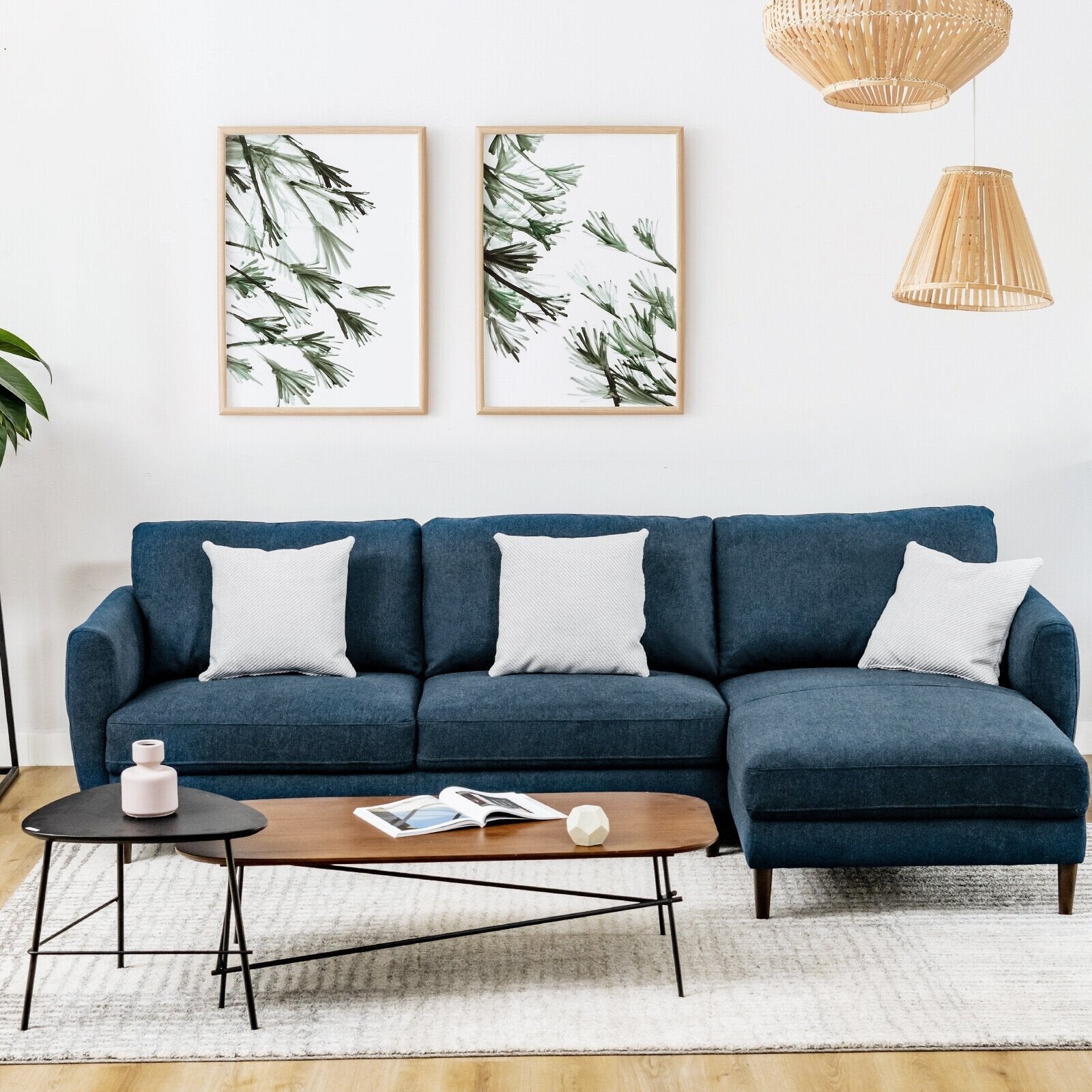 L-Shaped Fabric Sectional Sofa with Chaise Lounge and Solid Wood Legs, Navy Sofas & Loveseats   at Gallery Canada