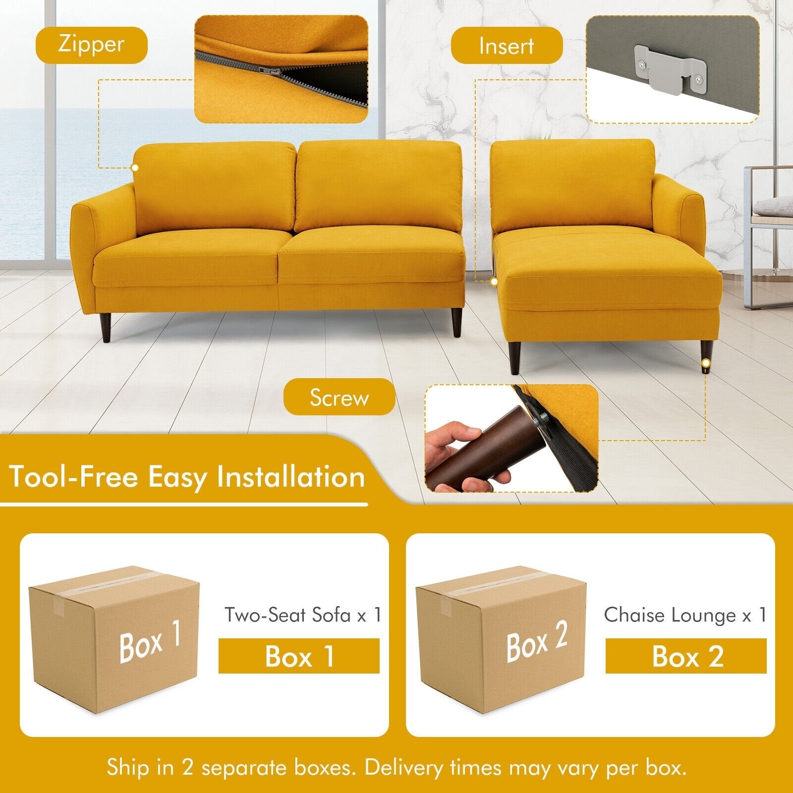 L-Shaped Fabric Sectional Sofa with Chaise Lounge and Solid Wood Legs, Yellow Sofas & Loveseats   at Gallery Canada