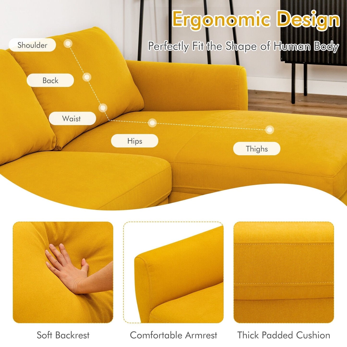 L-Shaped Fabric Sectional Sofa with Chaise Lounge and Solid Wood Legs, Yellow Sofas & Loveseats   at Gallery Canada