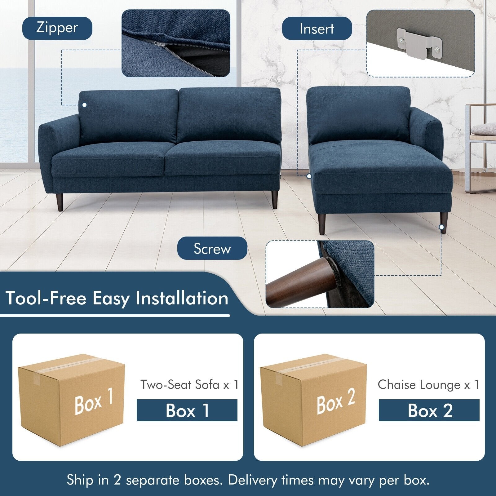 L-Shaped Fabric Sectional Sofa with Chaise Lounge and Solid Wood Legs, Navy Sofas & Loveseats   at Gallery Canada