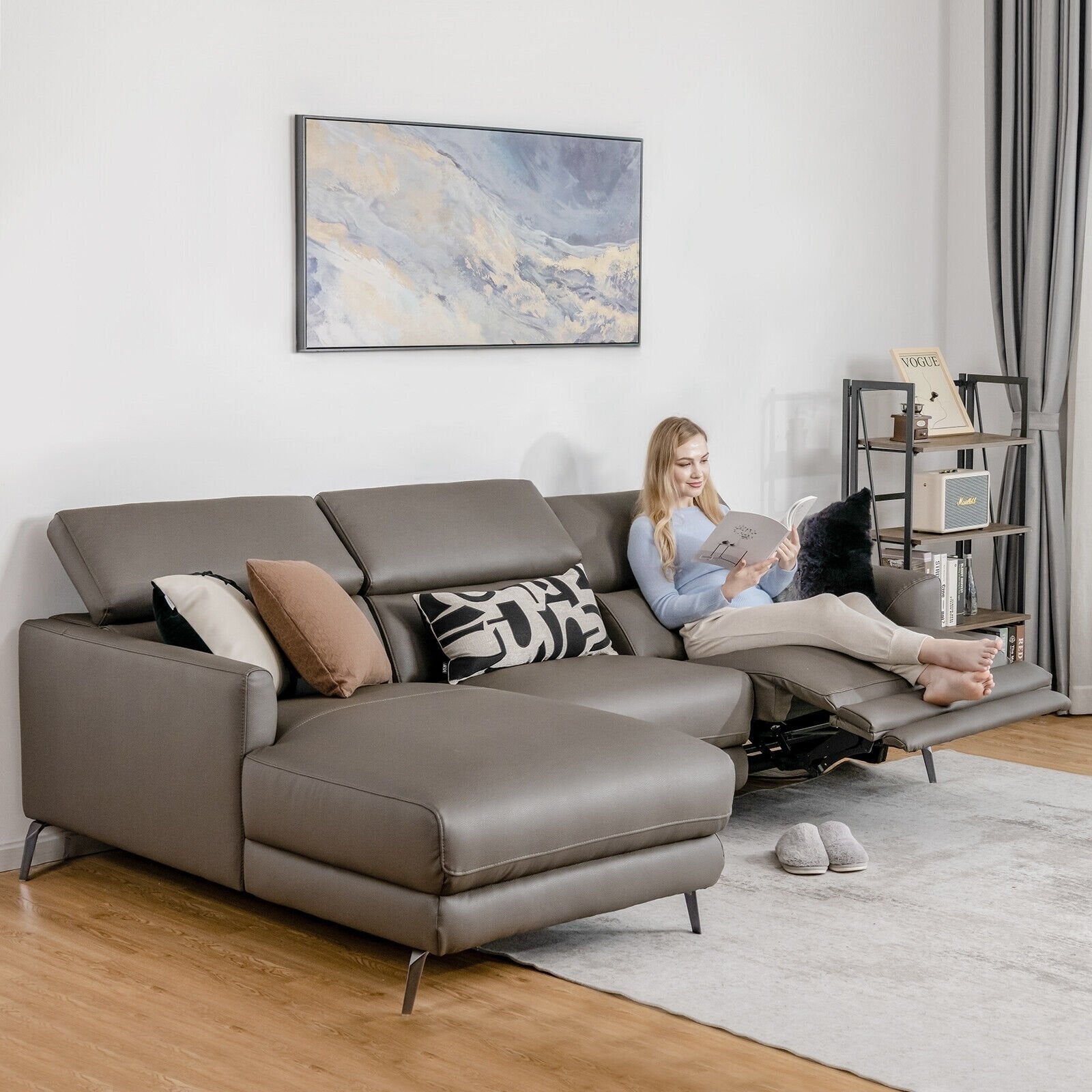 Leather Air Power Reclining Sectional Sofa with Adjustable Headrests, Gray Sofas & Loveseats   at Gallery Canada