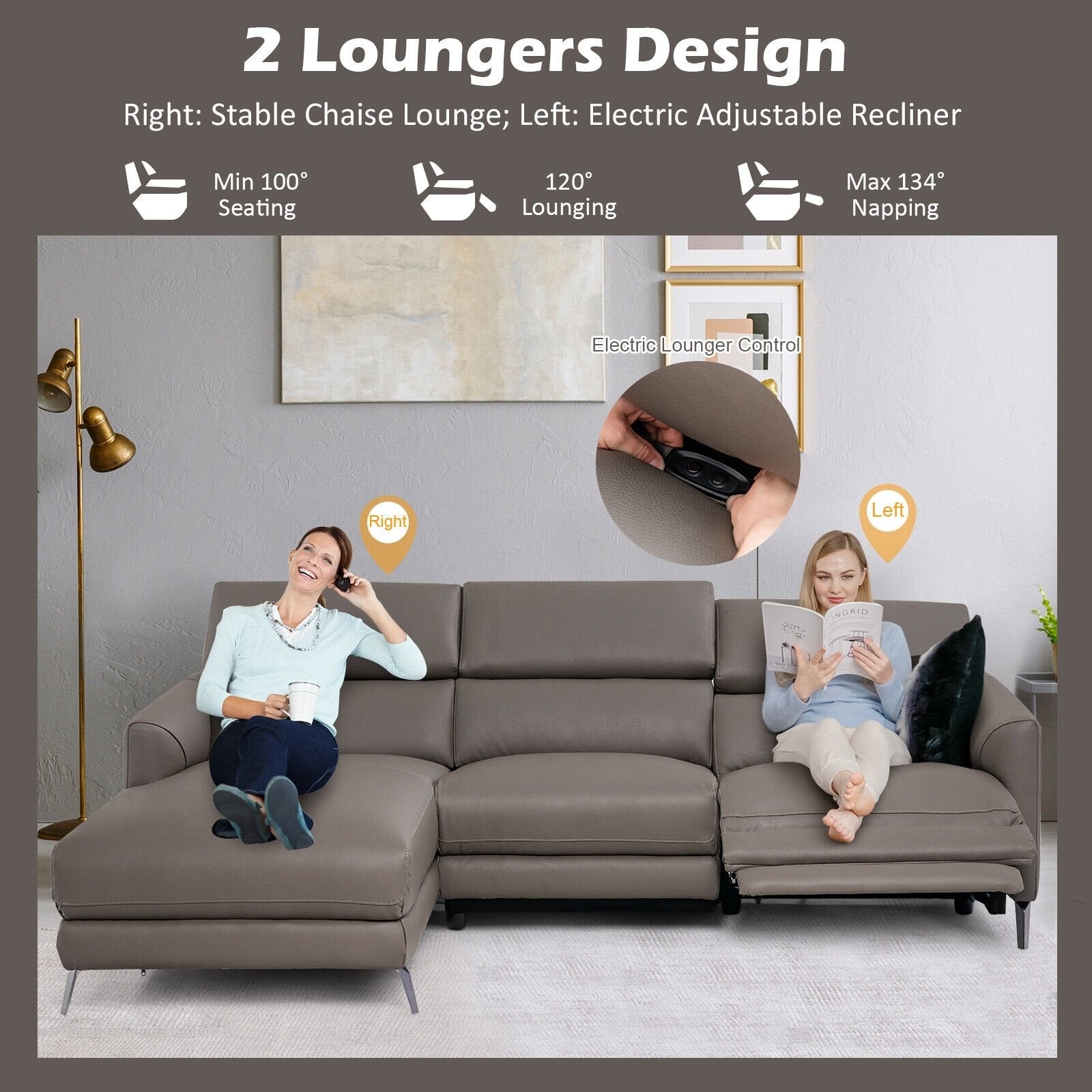 Leather Air Power Reclining Sectional Sofa with Adjustable Headrests, Gray Sofas & Loveseats   at Gallery Canada