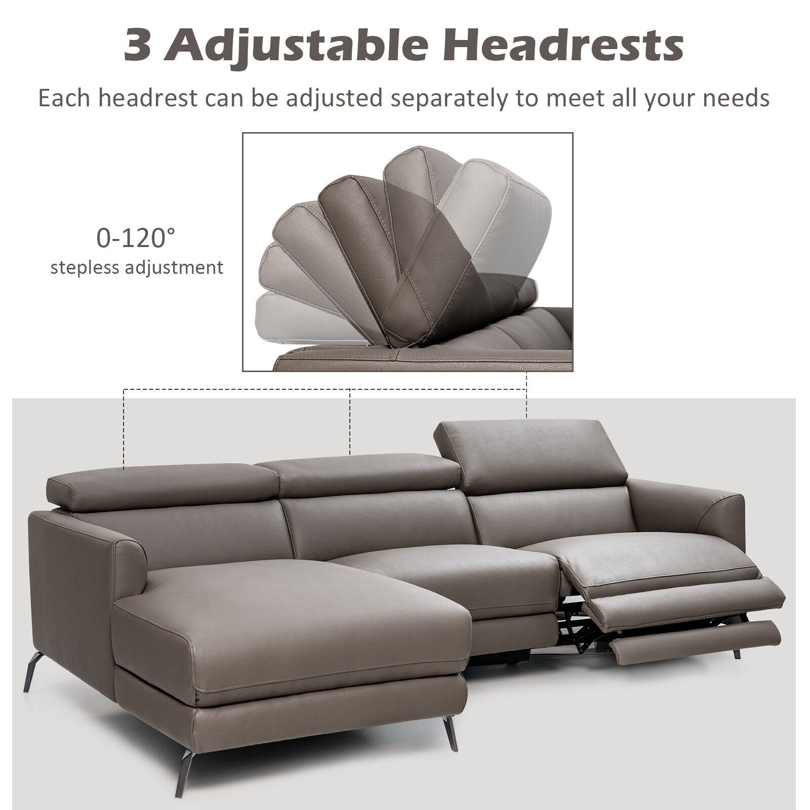 Leather Air Power Reclining Sectional Sofa with Adjustable Headrests, Gray Sofas & Loveseats   at Gallery Canada