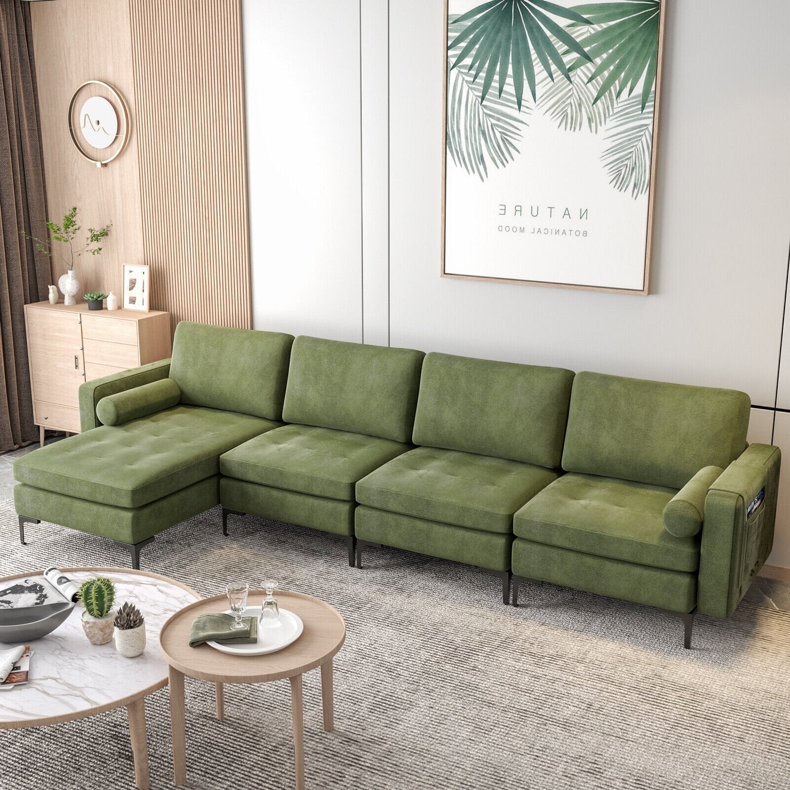 Modular 2-seat/3-Seat/4-Seat L-shaped Sectional Sofa Couch with Reversible Chaise and Socket USB Ports-4-Seat L-shaped, Army Green Sofas & Loveseats   at Gallery Canada