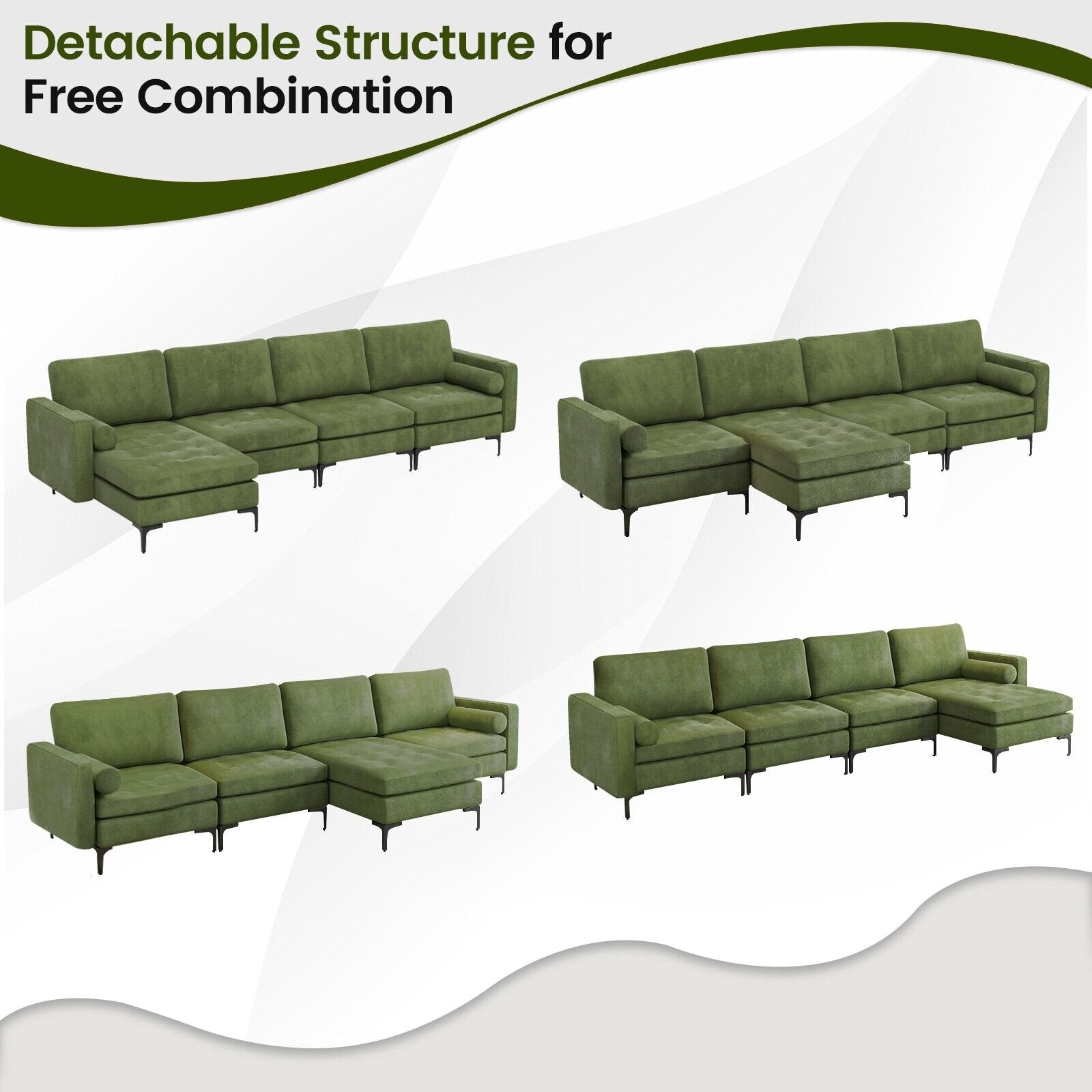 Modular 2-seat/3-Seat/4-Seat L-shaped Sectional Sofa Couch with Reversible Chaise and Socket USB Ports-4-Seat L-shaped, Army Green Sofas & Loveseats   at Gallery Canada