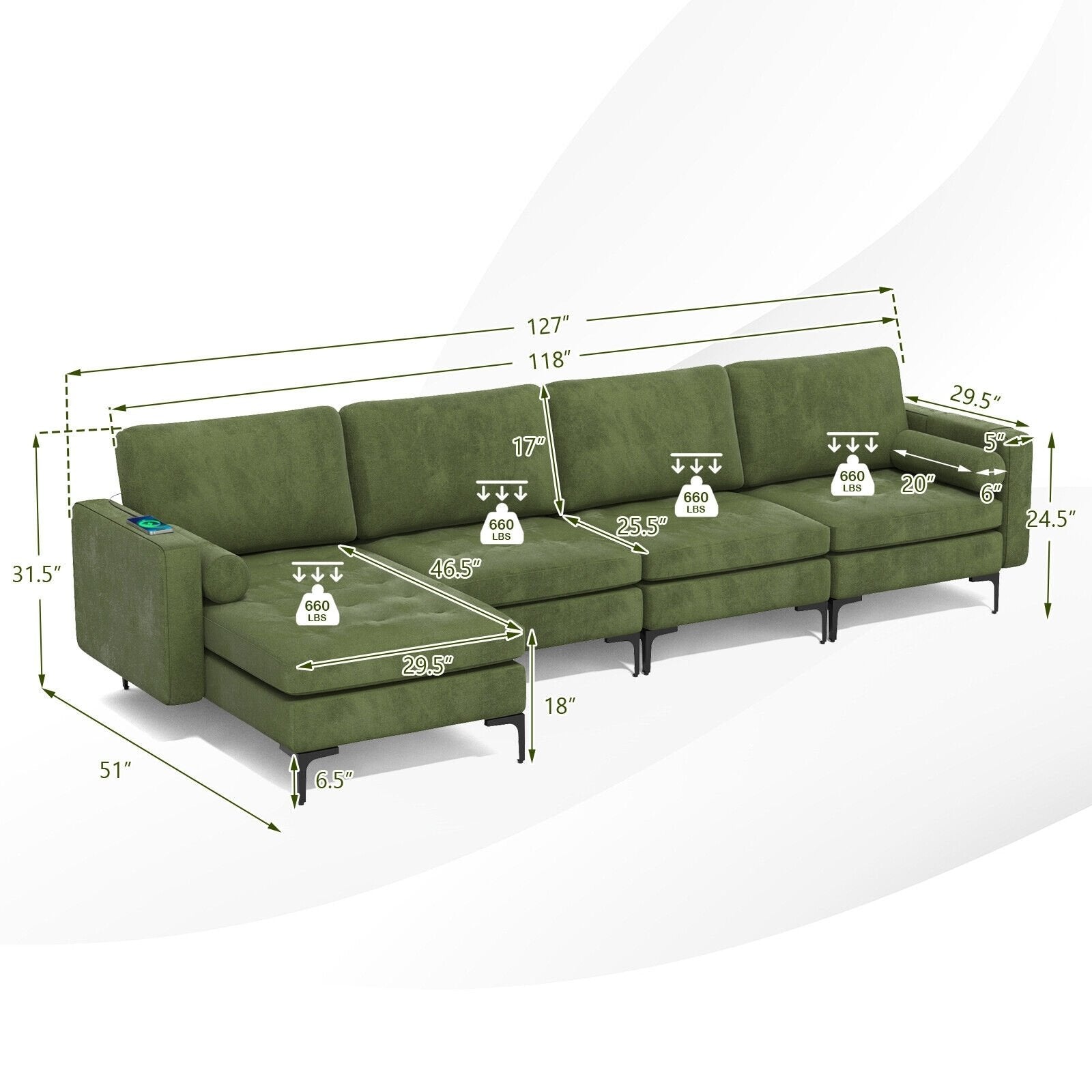 Modular 2-seat/3-Seat/4-Seat L-shaped Sectional Sofa Couch with Reversible Chaise and Socket USB Ports-4-Seat L-shaped, Army Green Sofas & Loveseats   at Gallery Canada