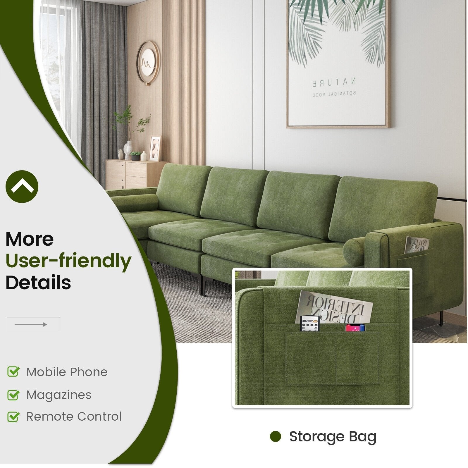 Modular 2-seat/3-Seat/4-Seat L-shaped Sectional Sofa Couch with Reversible Chaise and Socket USB Ports-4-Seat L-shaped, Army Green Sofas & Loveseats   at Gallery Canada