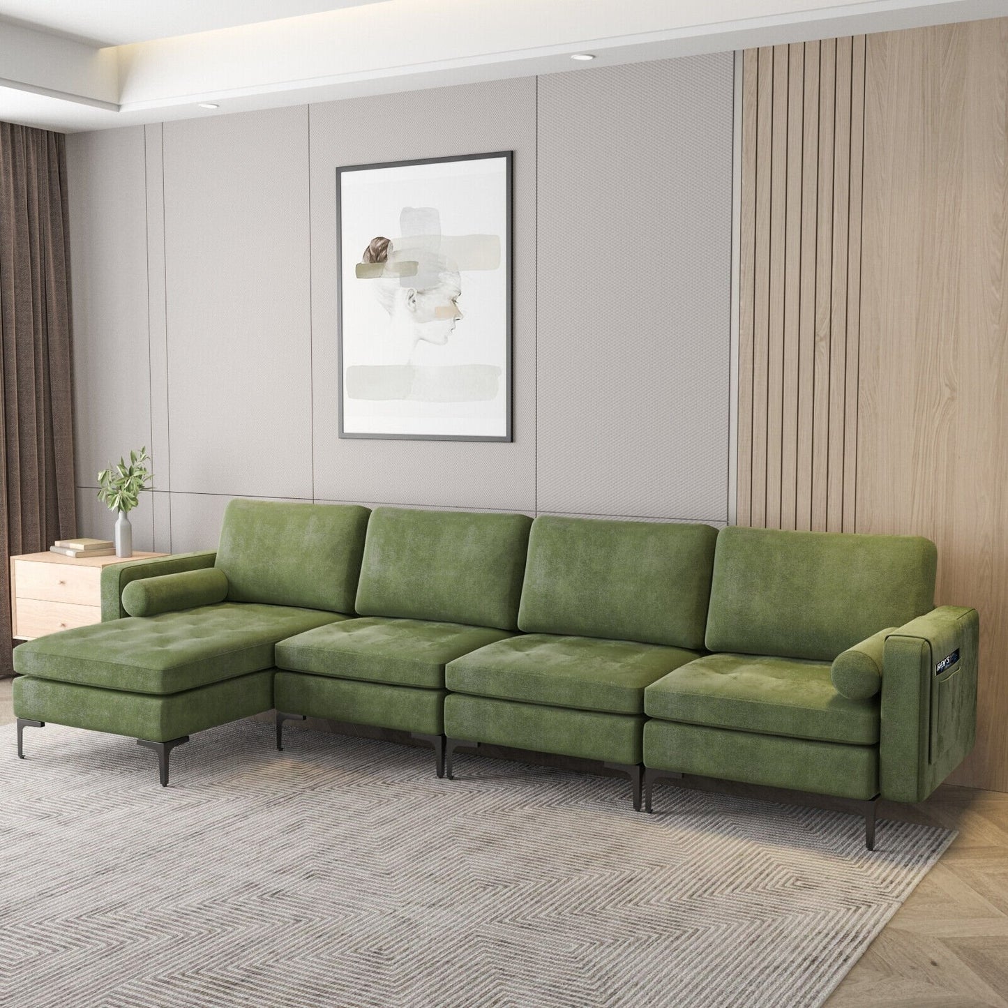 Modular 2-seat/3-Seat/4-Seat L-shaped Sectional Sofa Couch with Reversible Chaise and Socket USB Ports-4-Seat L-shaped, Army Green Sofas & Loveseats   at Gallery Canada