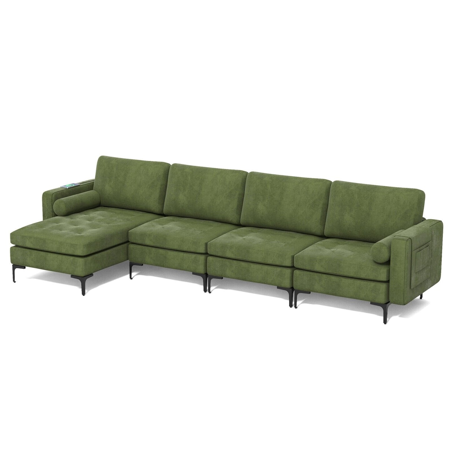 Modular 2-seat/3-Seat/4-Seat L-shaped Sectional Sofa Couch with Reversible Chaise and Socket USB Ports-4-Seat L-shaped, Army Green Sofas & Loveseats   at Gallery Canada