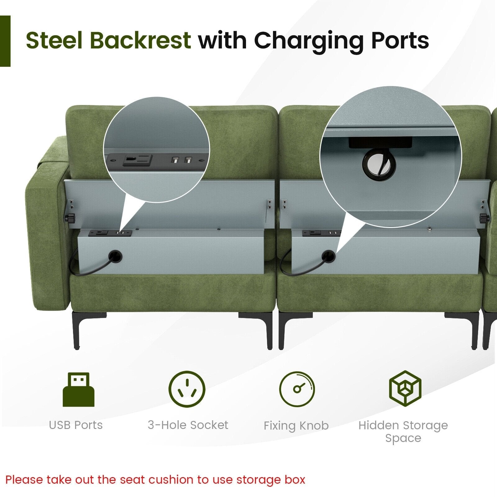 Modular 2-seat/3-Seat/4-Seat L-shaped Sectional Sofa Couch with Reversible Chaise and Socket USB Ports-4-Seat L-shaped, Army Green Sofas & Loveseats   at Gallery Canada