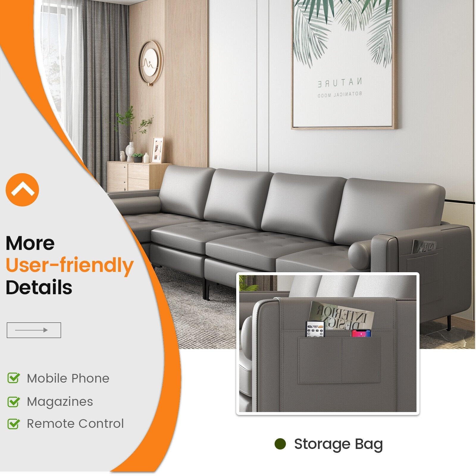 Modular L-shaped Sectional Sofa with Reversible Chaise and 2 USB Ports, Light Gray Sofas & Loveseats   at Gallery Canada