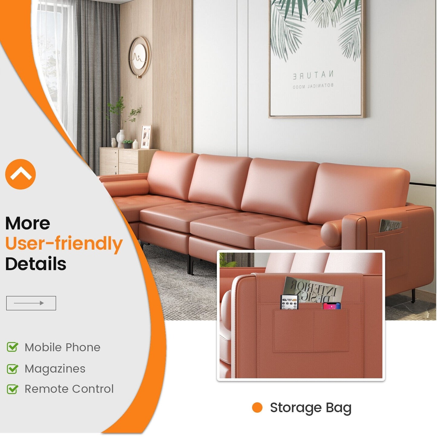 Modular L-shaped Sectional Sofa with Reversible Chaise and 2 USB Ports, Pink Sofas & Loveseats   at Gallery Canada