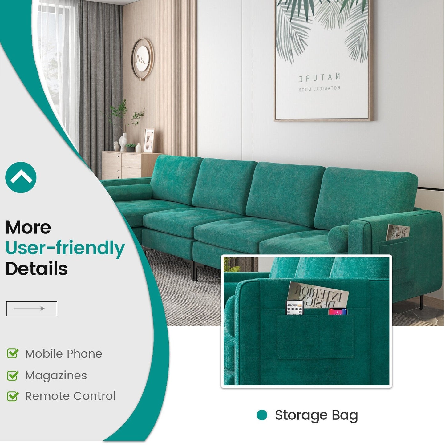 Modular 1/2/3/4-Seat L-Shaped Sectional Sofa Couch with Socket USB Port-4-Seat L-shaped with 2 USB Ports, Teal Sofas & Loveseats   at Gallery Canada