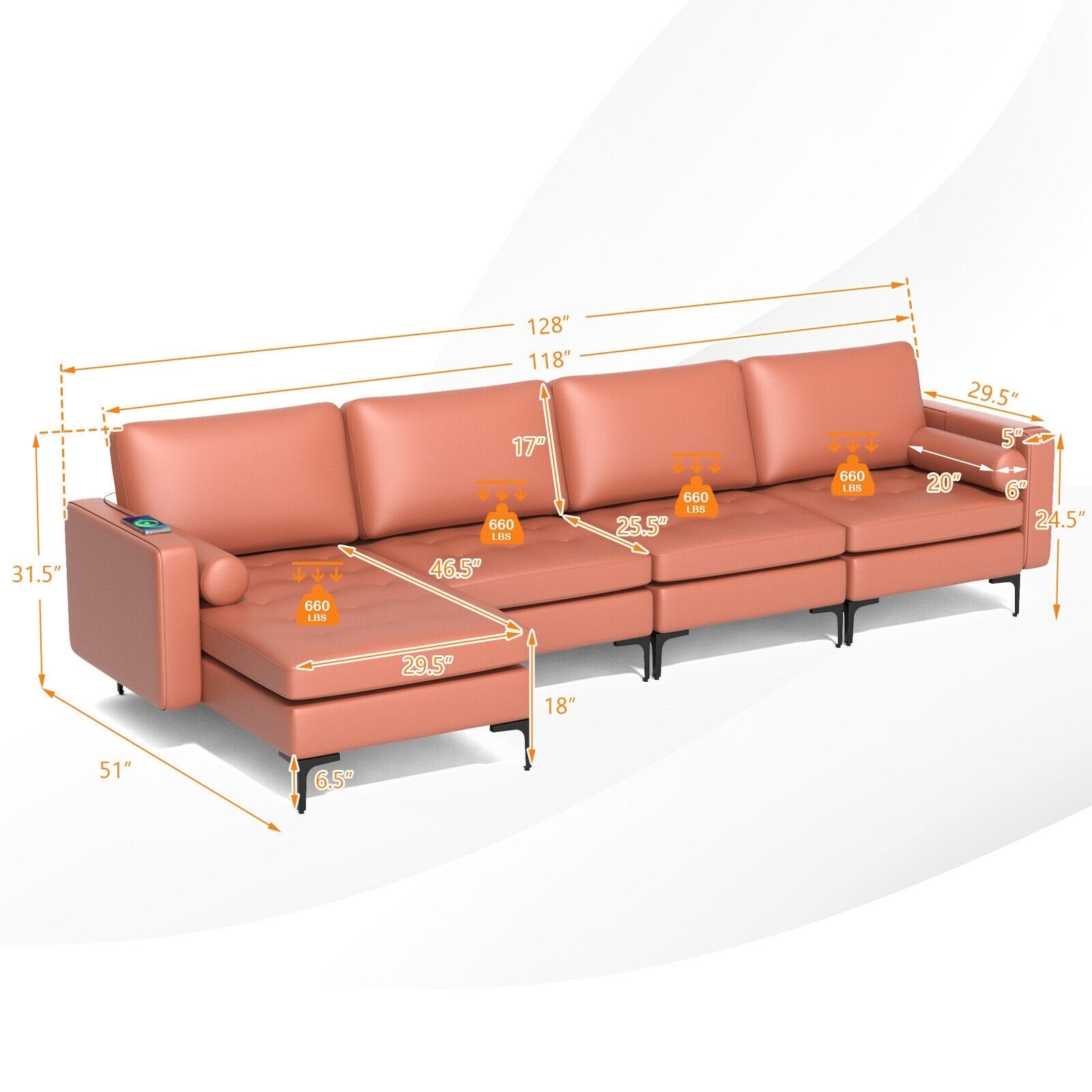 Modular L-shaped Sectional Sofa with Reversible Chaise and 2 USB Ports, Pink Sofas & Loveseats   at Gallery Canada