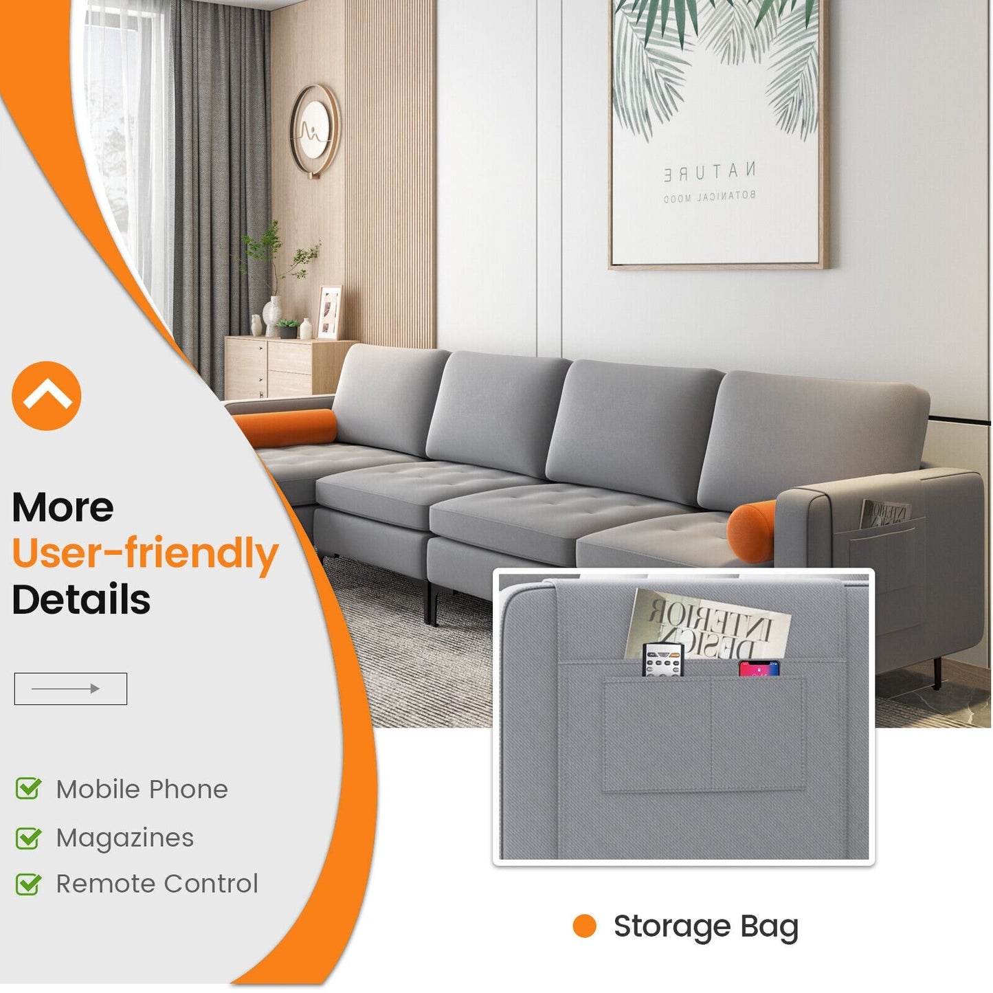 Modular L-shaped 4-Seat Sectional Sofa with Reversible Chaise and 2 USB Ports, Gray Sofas & Loveseats   at Gallery Canada