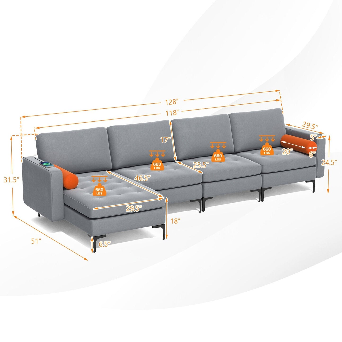 Modular L-shaped 4-Seat Sectional Sofa with Reversible Chaise and 2 USB Ports, Gray Sofas & Loveseats   at Gallery Canada