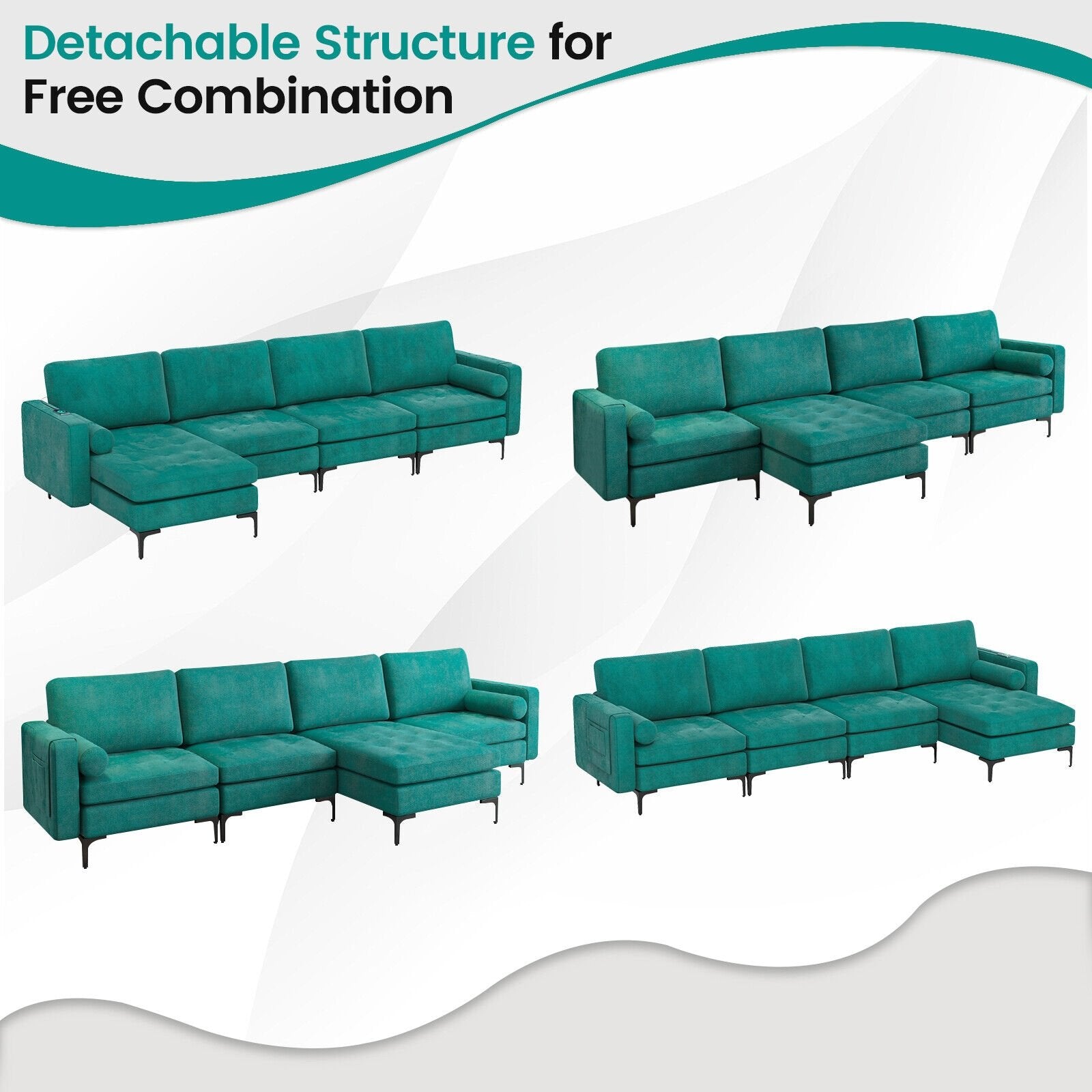 Modular 1/2/3/4-Seat L-Shaped Sectional Sofa Couch with Socket USB Port-4-Seat L-shaped with 2 USB Ports, Teal Sofas & Loveseats   at Gallery Canada