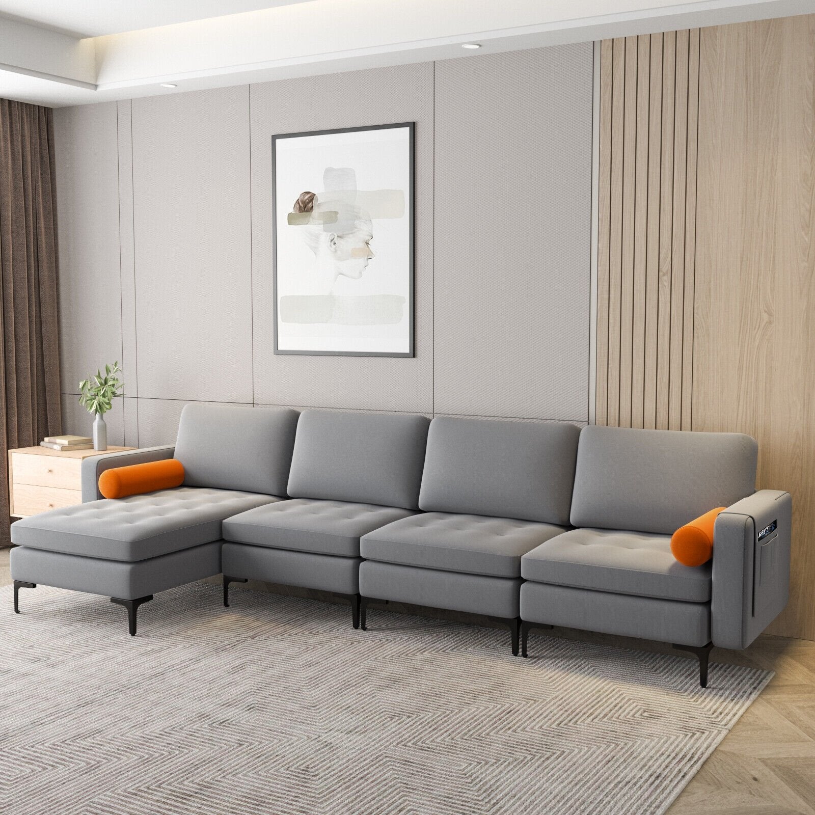 Modular L-shaped 4-Seat Sectional Sofa with Reversible Chaise and 2 USB Ports, Gray Sofas & Loveseats   at Gallery Canada