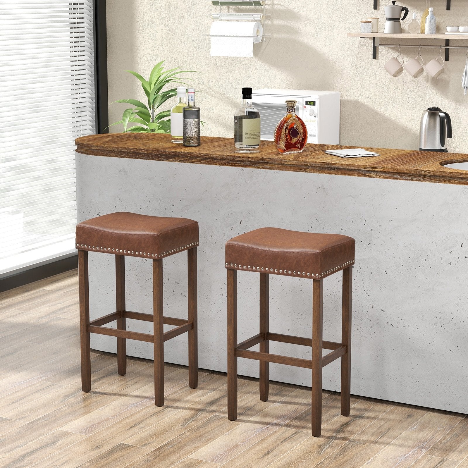 Upholstered Bar Stools Set of 2 with Footrests for Counter, Brown Bar Stools   at Gallery Canada