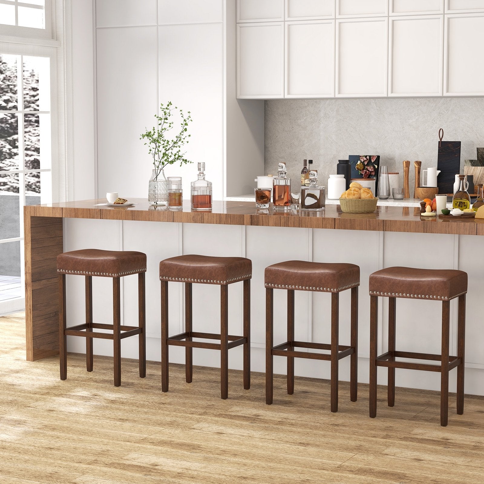 Upholstered Bar Stools Set of 2 with Footrests for Counter, Brown Bar Stools   at Gallery Canada