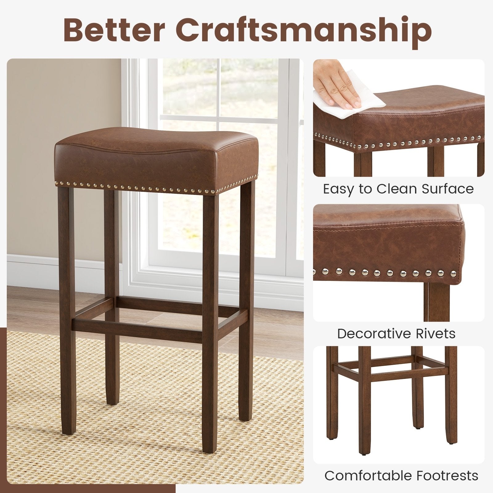 Upholstered Bar Stools Set of 2 with Footrests for Counter, Brown - Gallery Canada