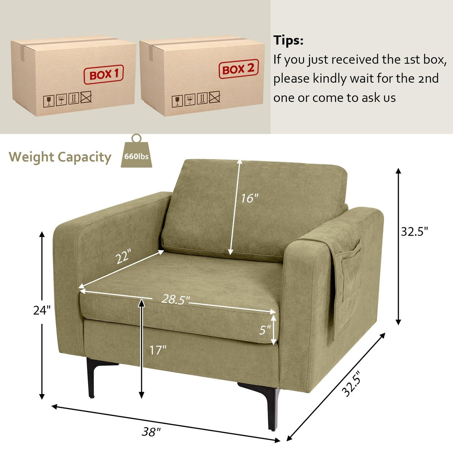 Modern Accent Armchair with Side Storage Pocket, Green Accent Chairs   at Gallery Canada