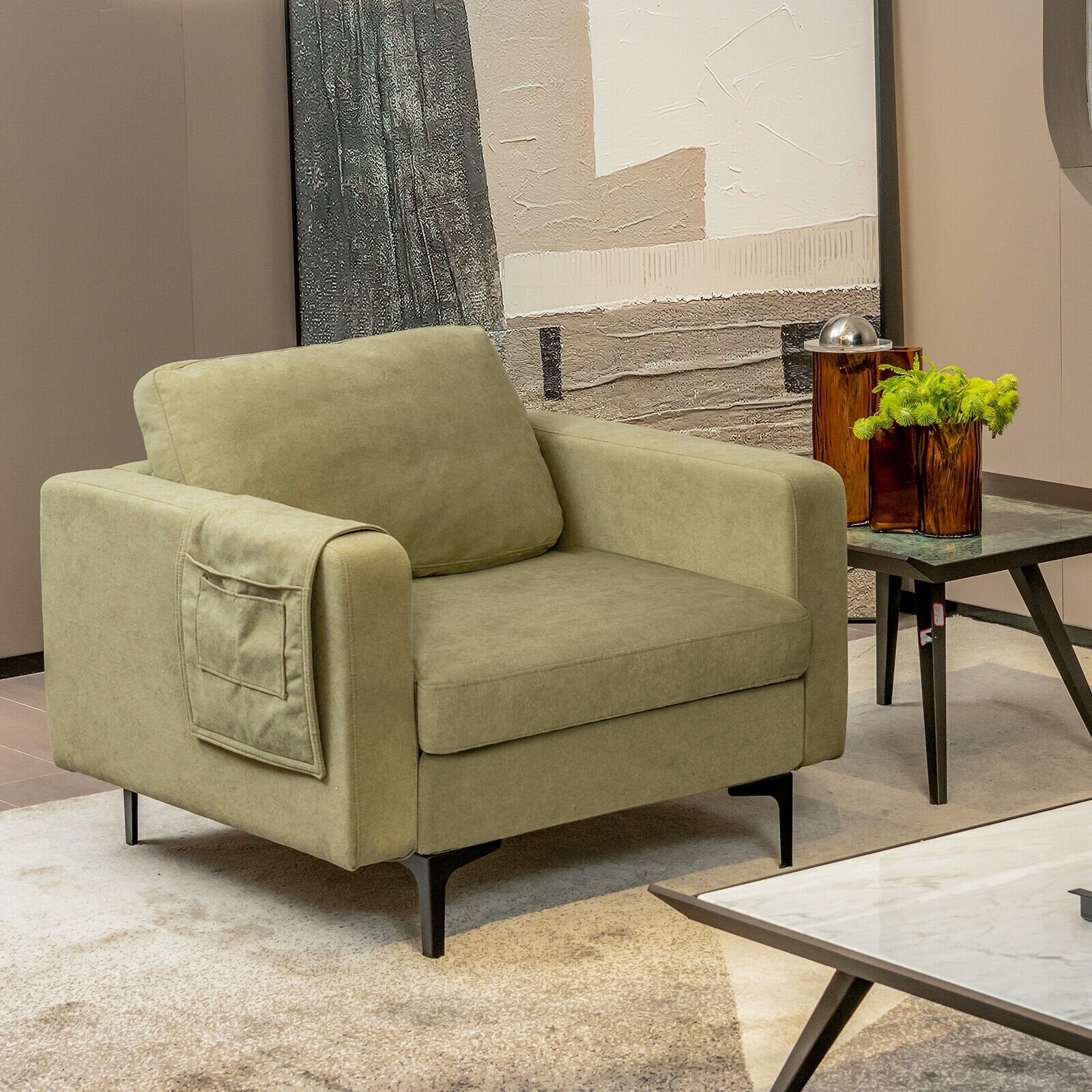 Modern Accent Armchair with Side Storage Pocket, Green Accent Chairs   at Gallery Canada