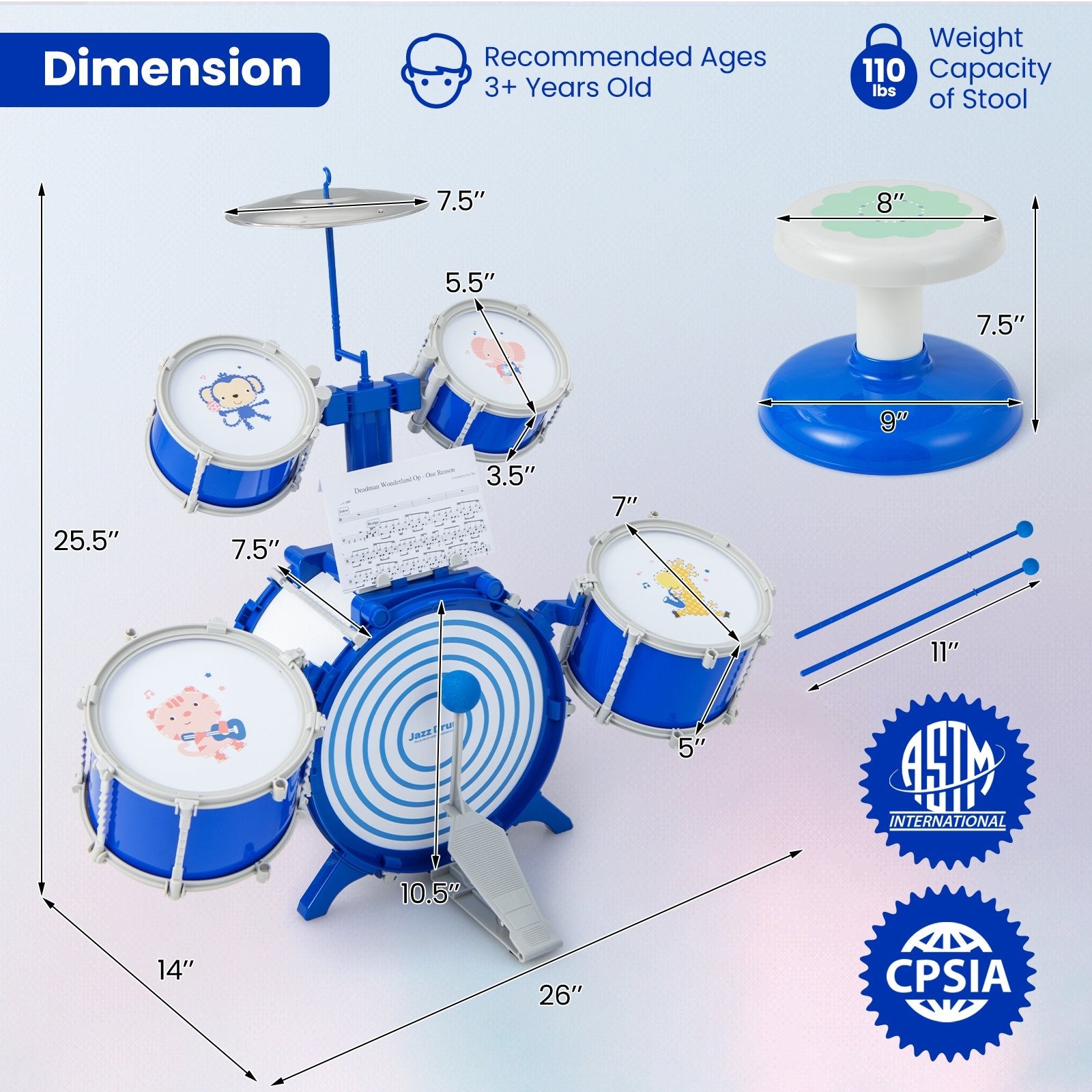 Kids Drum Set Educational Percussion Musical Instrument Toy with Bass Drum, Blue Musical Toys   at Gallery Canada