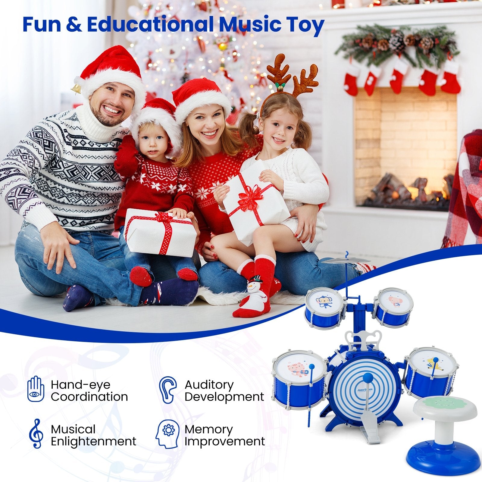 Kids Drum Set Educational Percussion Musical Instrument Toy with Bass Drum, Blue Musical Toys   at Gallery Canada