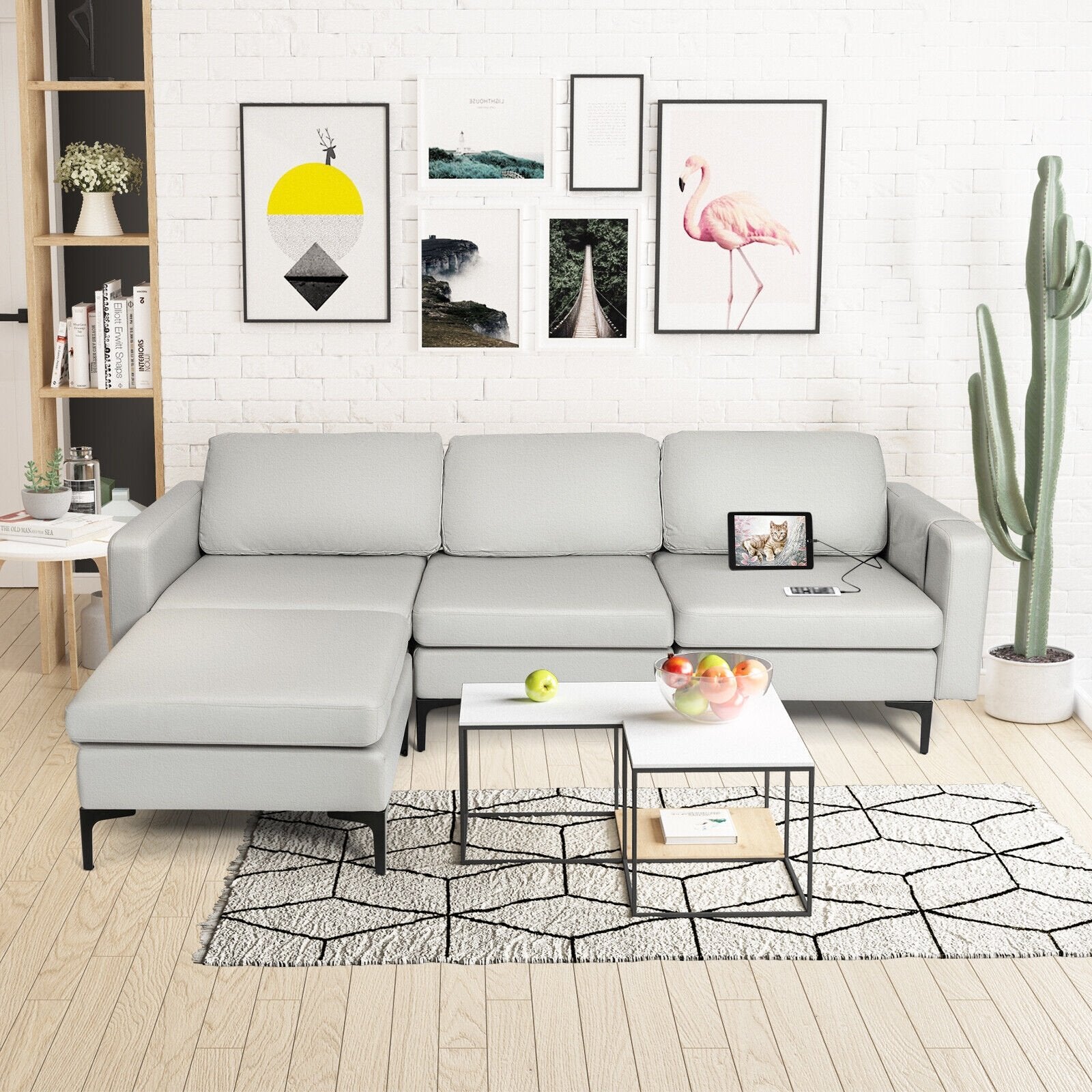 Modular L-shaped Sectional Sofa with Reversible Chaise and 2 USB Ports, Light Gray Sofas & Loveseats   at Gallery Canada