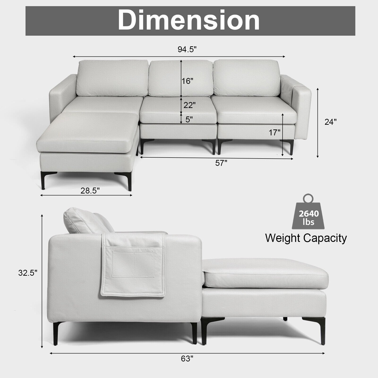 Modular L-shaped Sectional Sofa with Reversible Chaise and 2 USB Ports, Light Gray Sofas & Loveseats   at Gallery Canada